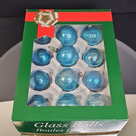 Vintage Glass Christmas Balls Ornaments Baubles BLUE Round Japan Caps Set Of 12 - Picture 14 of 14
